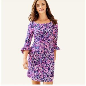 Lilly Pulitzer Sophie Ruffle Dress Bright Navy Swing Of Things 3/4 Sleeve XS